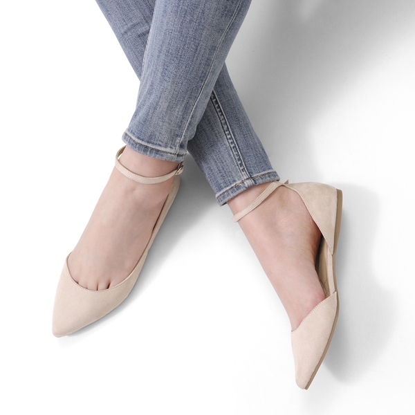 Pointed Toe Ankle Strap Ballet Flats Shoes - NUDE SUEDE - 1